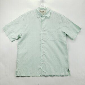 Caribbean Shirt Mens Medium Aqua Green 100% Linen Floral Beach Classic Button-Up
